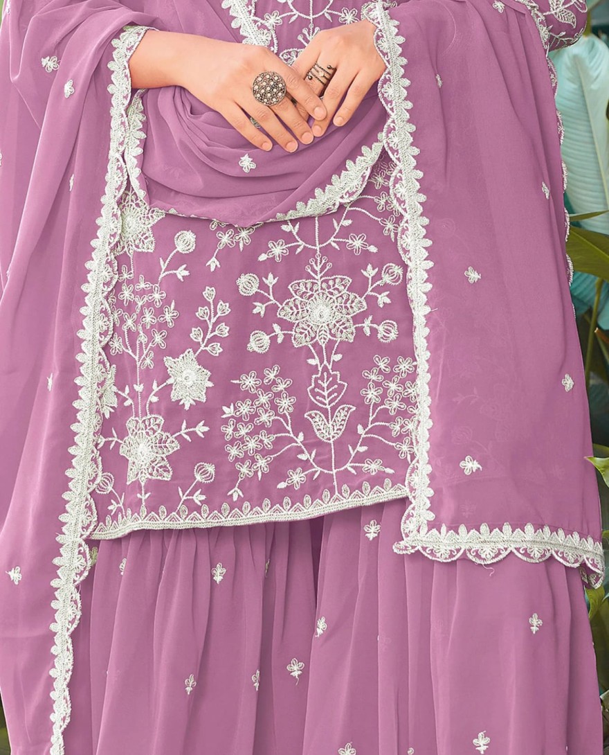 PURPLE - Pretty Pink Bead Embroidered Georgette Wedding Wear Palazzo Suit